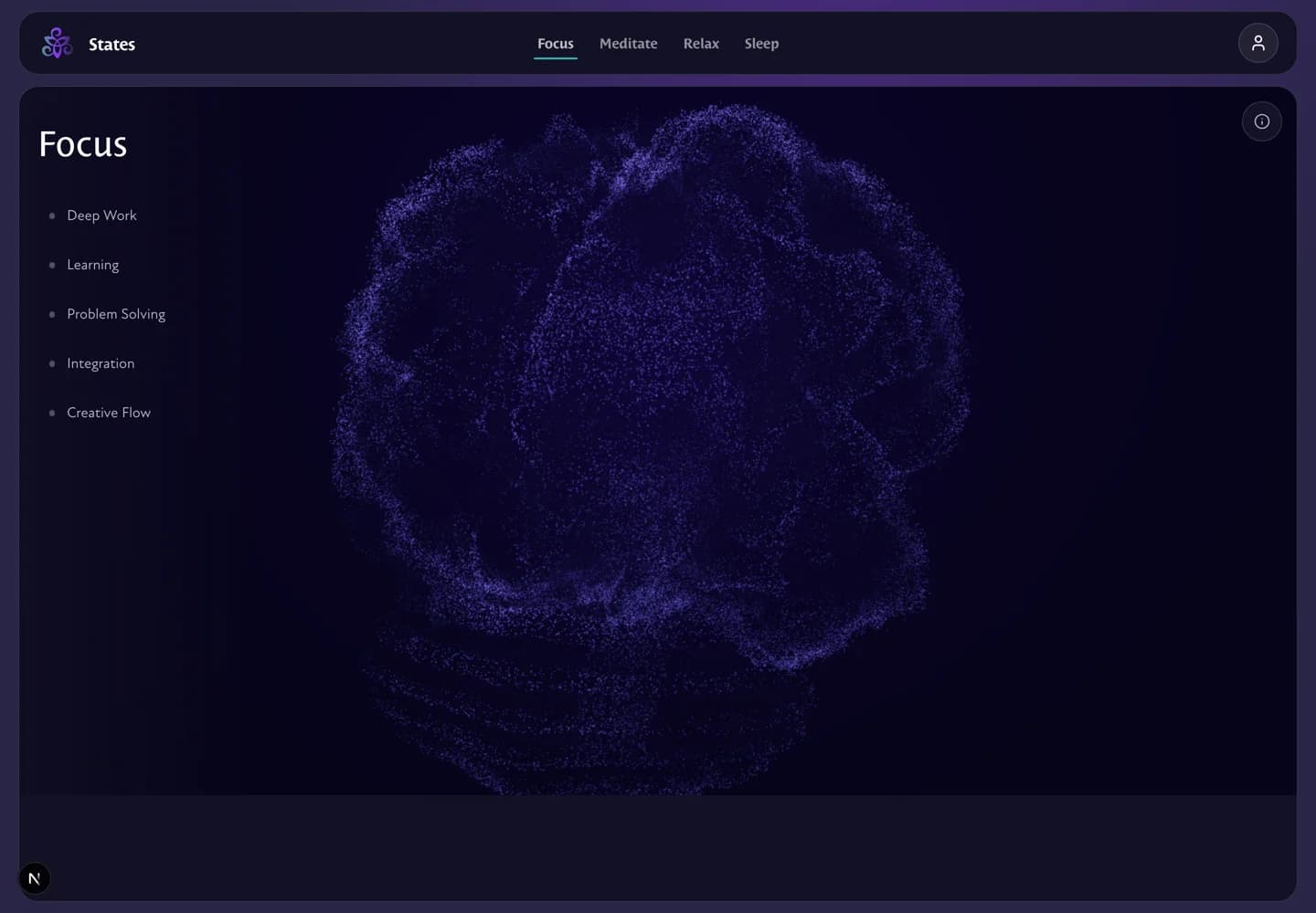 The Waves player in the Focus state, its brain visualization formed